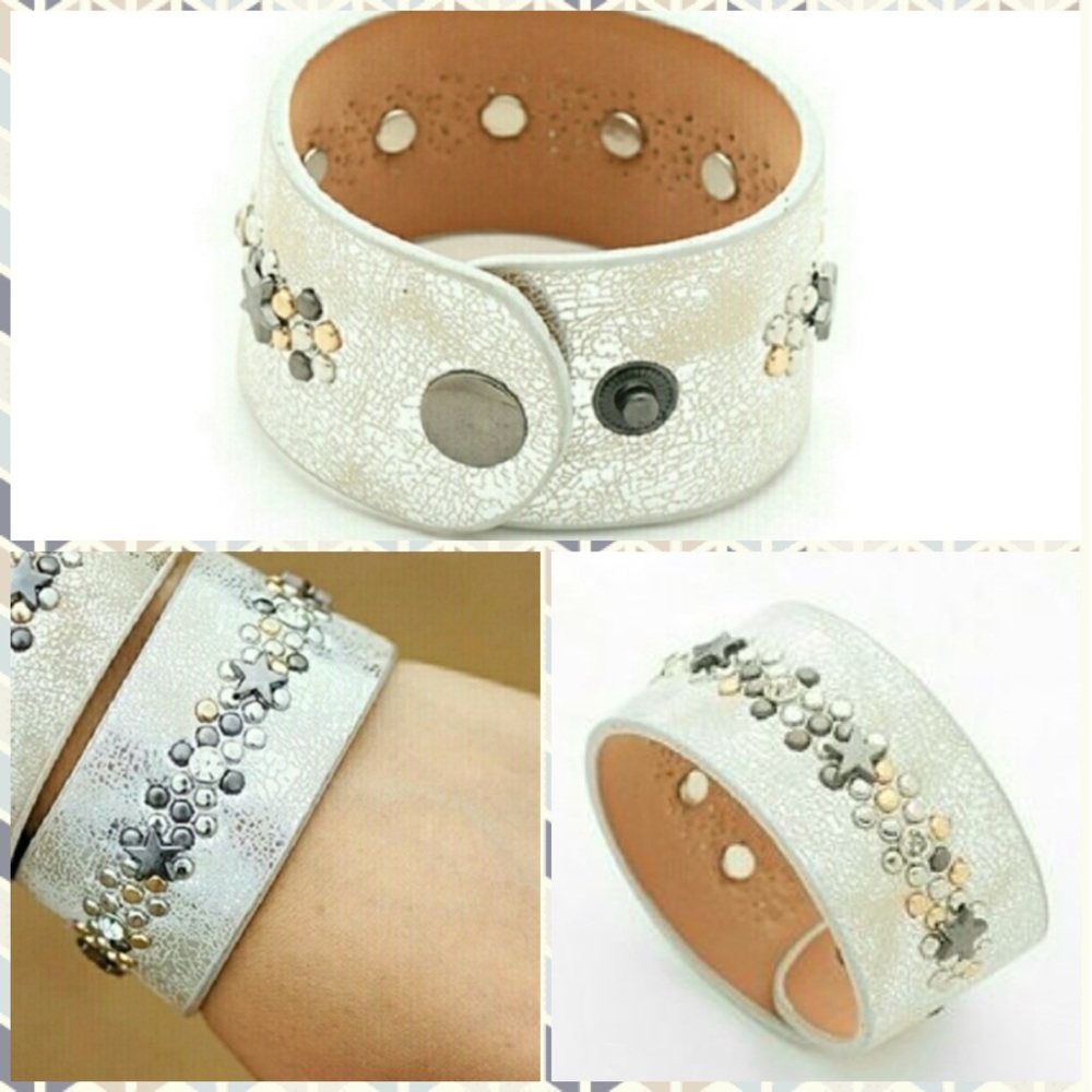 SILVER leather star rivet studded cuff bracelet